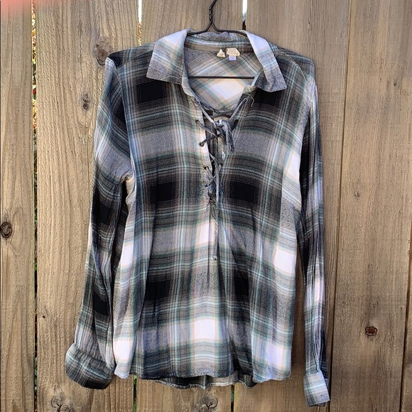 Sky and Sparrow Tops - Tie V Neck Flannel